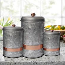 Load image into Gallery viewer, 3 Piece Metal Lidded Kitchen Canister Set, 12&quot; x 7.25&quot;
