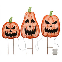 Load image into Gallery viewer, 26&quot; H x 10&quot; W x 2&quot; D 3 Piece Pre-Lit Jack-O-Lantern Garden Stakes Set
