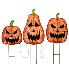 Load image into Gallery viewer, 26&quot; H x 10&quot; W x 2&quot; D 3 Piece Pre-Lit Jack-O-Lantern Garden Stakes Set
