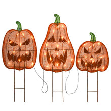 Load image into Gallery viewer, 26&quot; H x 10&quot; W x 2&quot; D 3 Piece Pre-Lit Jack-O-Lantern Garden Stakes Set
