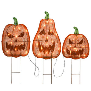 26" H x 10" W x 2" D 3 Piece Pre-Lit Jack-O-Lantern Garden Stakes Set
