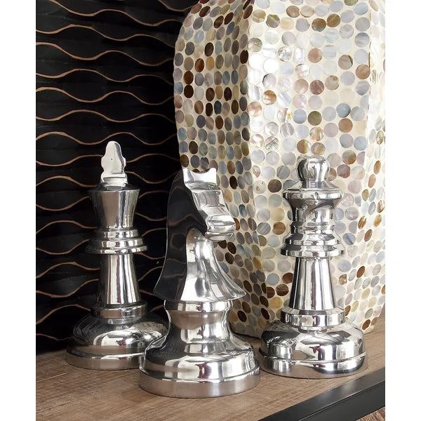 Polished Silver 3 Piece Silvertone Chess Sculpture Set