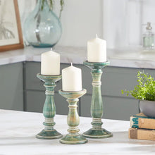 Load image into Gallery viewer, 3 Piece Solid Wood Tabletop Candlestick Set
