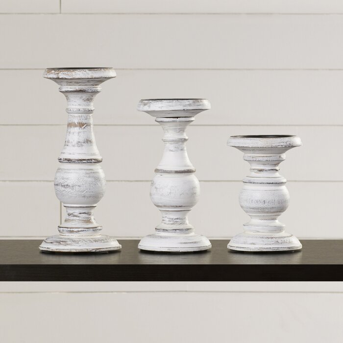 3 Piece Wood Candlestick Set White #2602HW