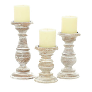 White Wash 3 Piece Wood Tabletop Candlestick Set