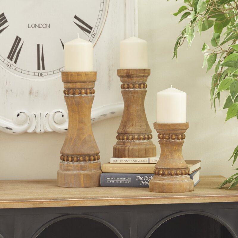 3 Piece Wood Tabletop Candlestick Set