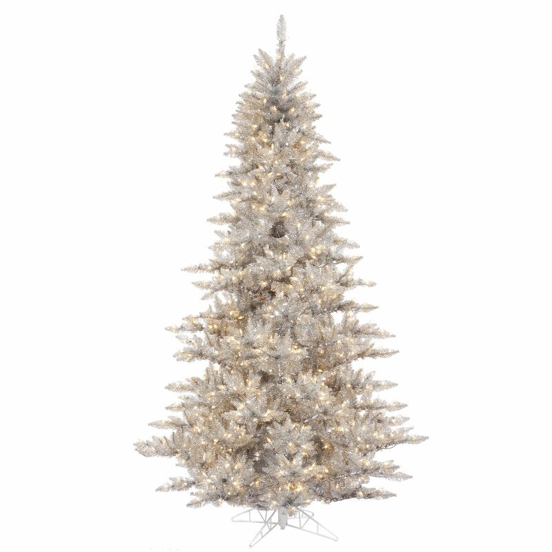 3' Silver Tinsel Fir Artificial Christmas Tree with 100 Clear/White Lights with Stand MRM4304