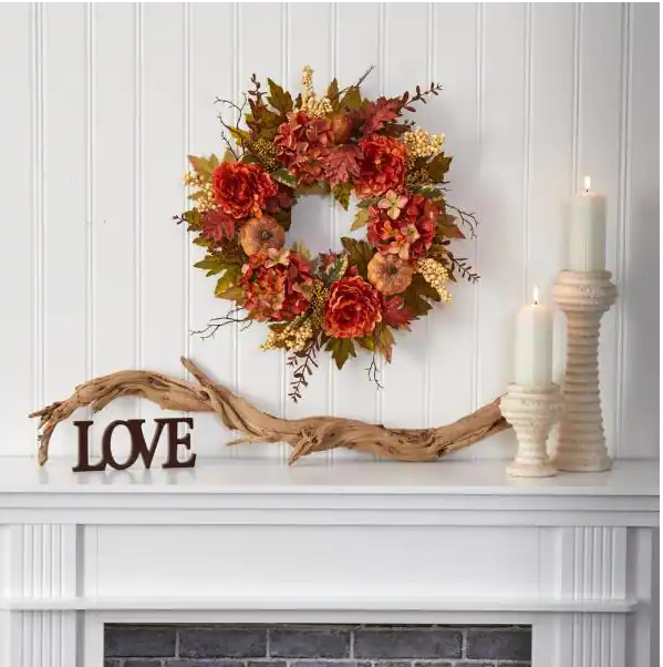 24 in. Fall Peony, Hydrangea and Pumpkin Artificial Wreath