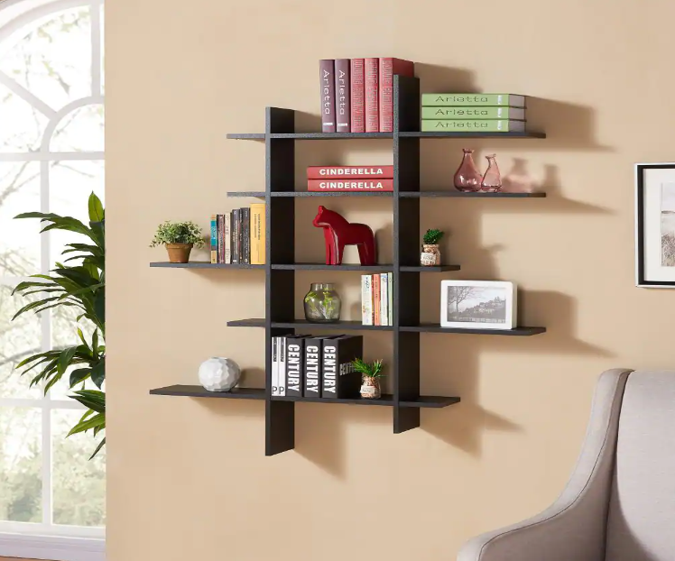 45 in. x 51 in. Black Laminate Five Level Black Asymmetric Floating Wall Shelf