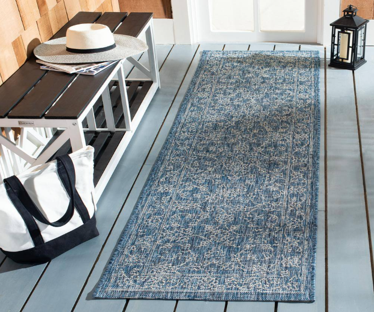 Courtyard Navy/Ivory 2 ft. x 10 ft. Border Indoor/Outdoor Runner Rug