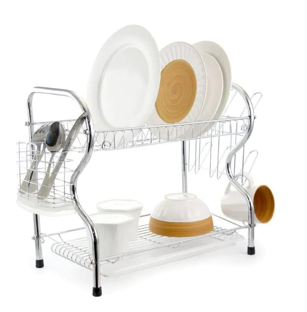 16 in. 2-Tier Silver Chrome Plated Standing Dish Rack