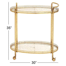 Load image into Gallery viewer, 2-Tier Textured Gold Iron &amp; Oval Mirror Rolling Bar Cart #1999HW
