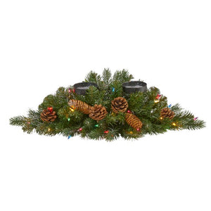 24in. Flocked and Glittered Artificial Christmas Double Candelabrum with 35 Multicolored Lights and Pine Cones