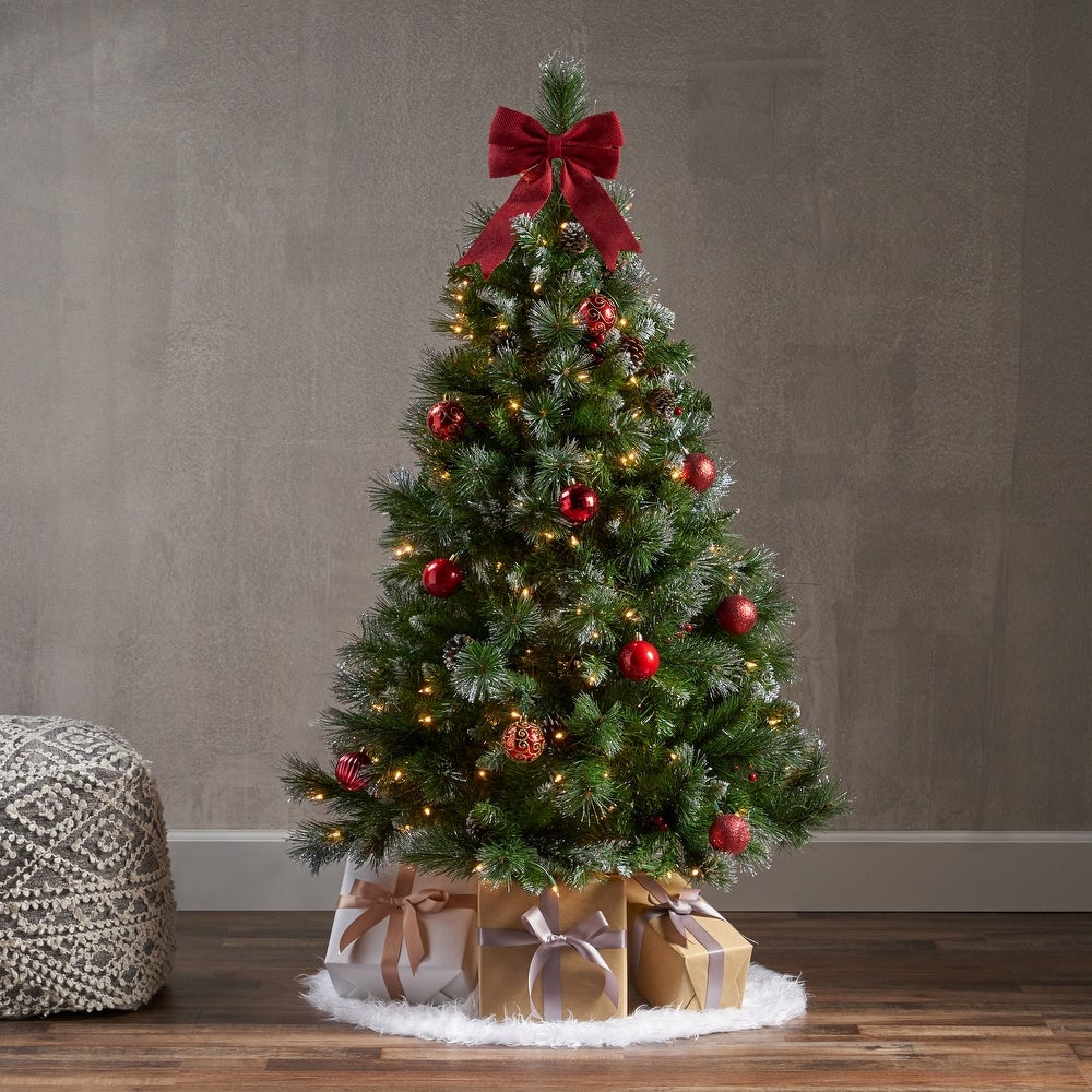 4.5-ft Spruce Pre-Lit or Unlit Artificial Christmas Tree with Glitter Branches Red Berries Pinecones by Christopher Knight Home - CLEAR 7715RR