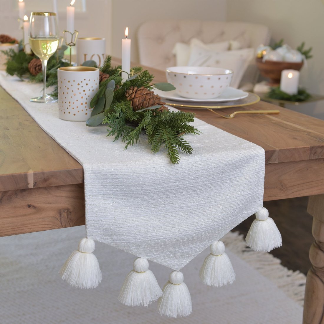 Cream and Gold with Tassels Table Runner 1036AH