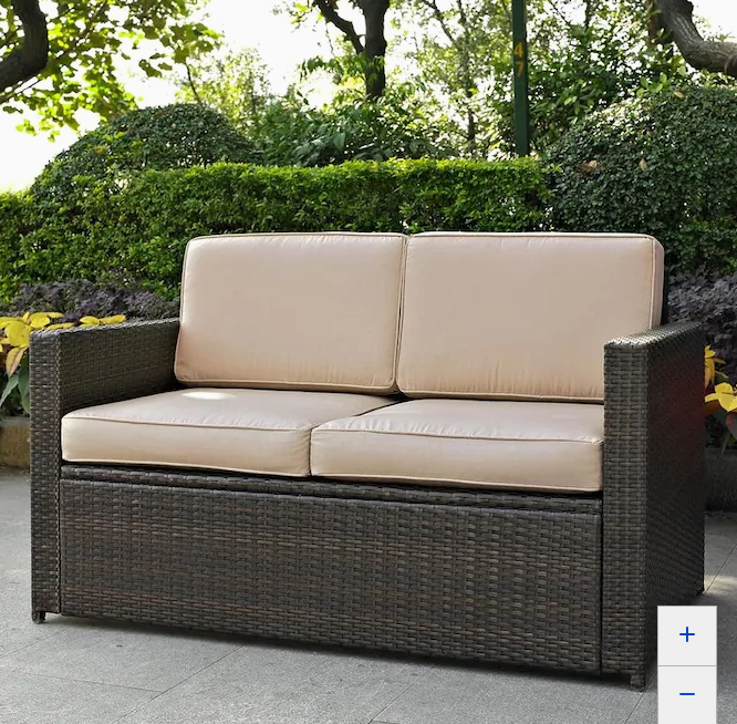 Crosley Furniture Palm Harbor Wicker Outdoor Loveseat with Cushion and Sand Steel Frame 3650RR