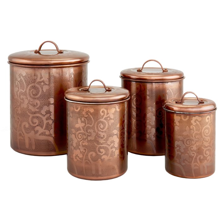 4 Piece Etched Kitchen Canister Set Antique Copper(2707RR)