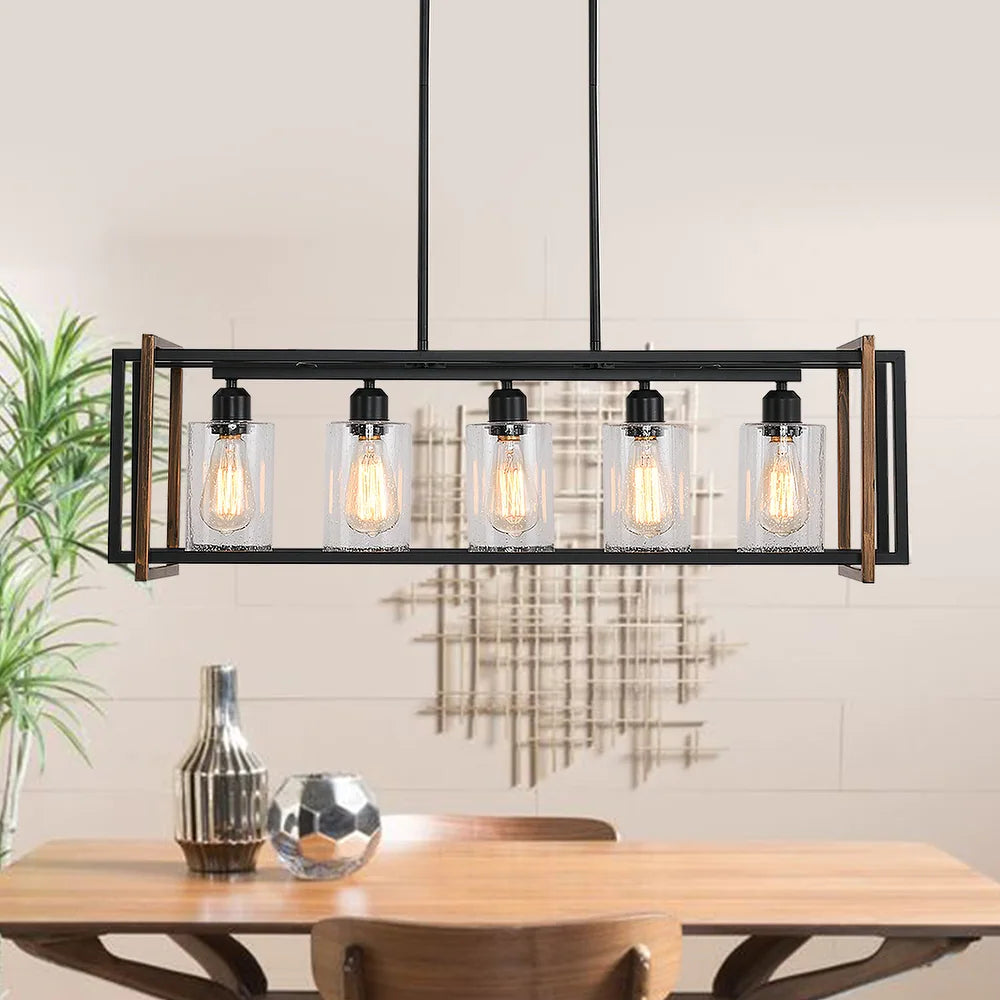 5-Light Rectangle Farmhouse Pendant Light Open Metal Frame with Glass Shade