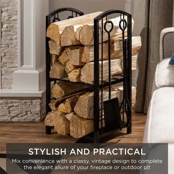 5-Piece Firewood Log Rack Holder Tools Set W/ Hook, Broom, Shovel, Tongs