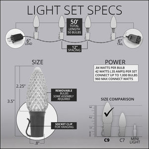 SET OF 3 - 50 Light White Wire Shatterproof C9 OptiCore LED String Lights