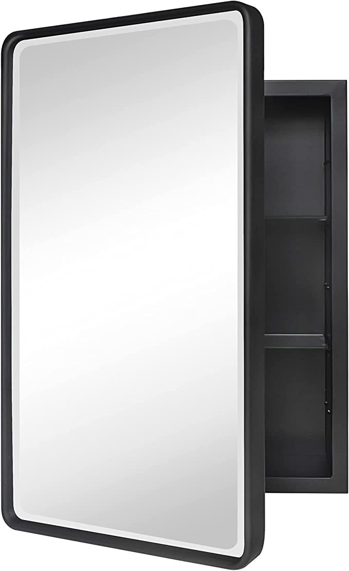 Farmhouse Black Metal Framed Recessed Bathroom Medicine Cabinet with Mirror Rounded Rectangle Tilting Beveled Vanity Mirros for Wall 16x24 inch