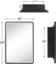 Load image into Gallery viewer, TEHOME Farmhouse Black Metal Framed Recessed Bathroom Medicine Cabinet with Mirror Rounded Rectangle Tilting Beveled Vanity Mirros for Wall 16x24 inch
