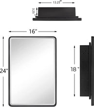 Load image into Gallery viewer, Farmhouse Black Metal Framed Recessed Bathroom Medicine Cabinet with Mirror Rounded Rectangle Tilting Beveled Vanity Mirros for Wall 16x24 inch
