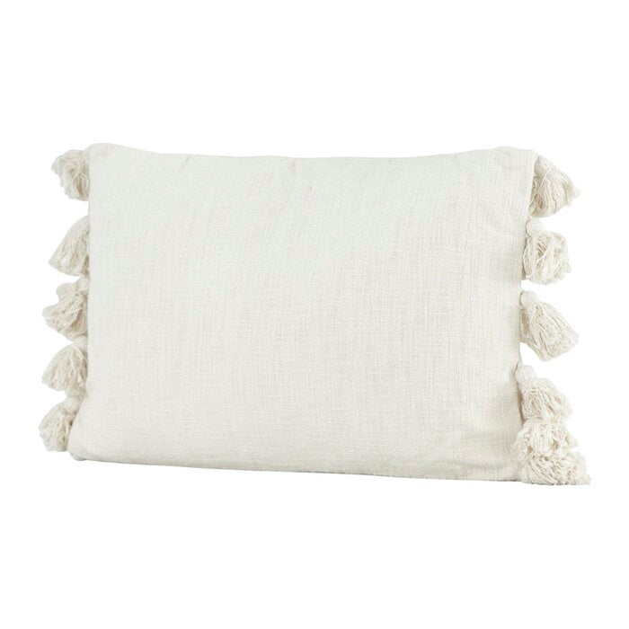Jakob Woven Slub with Plush Tassels Cotton Lumbar Pillow- Cream #56ha