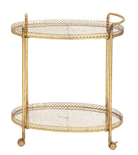 Load image into Gallery viewer, 2-Tier Textured Gold Iron &amp; Oval Mirror Rolling Bar Cart #1999HW
