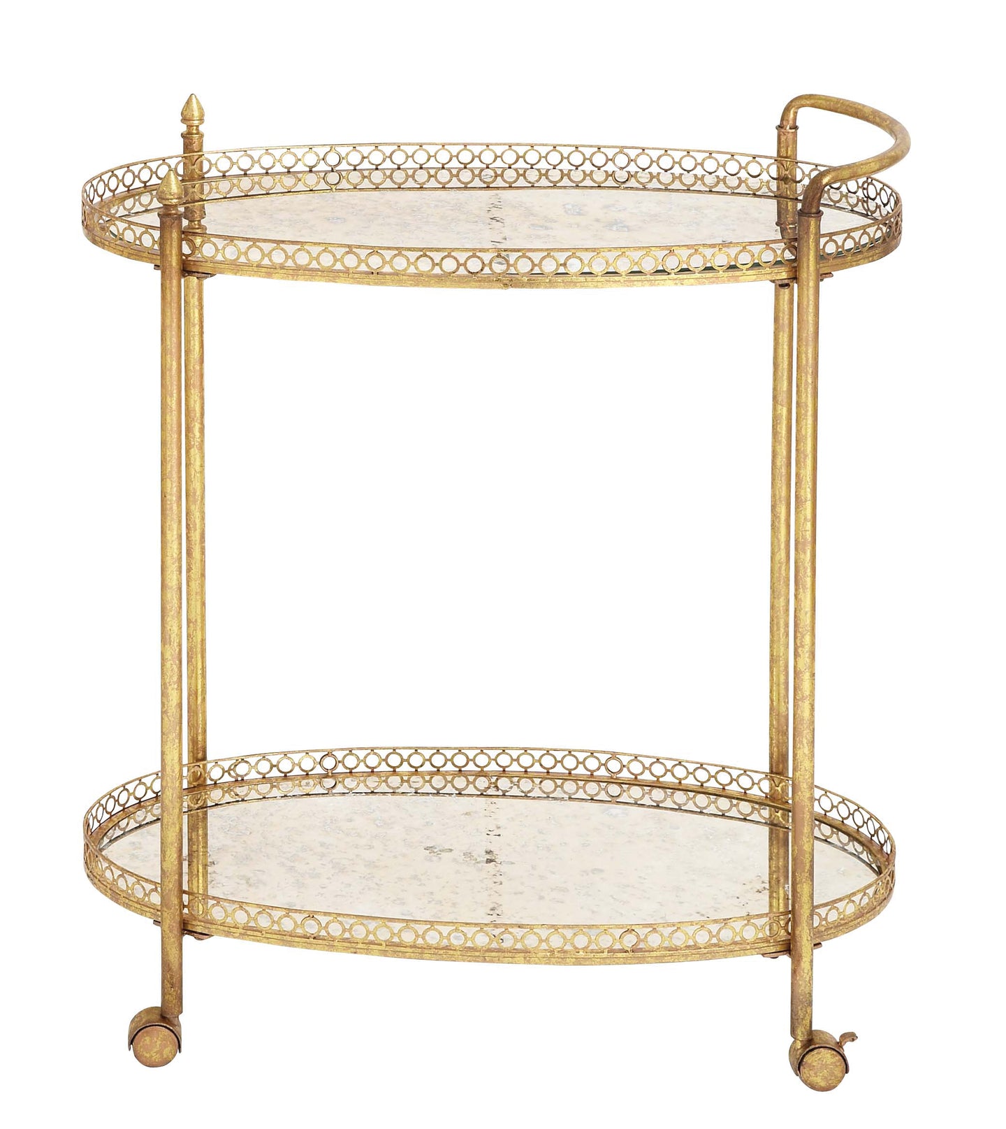 2-Tier Textured Gold Iron & Oval Mirror Rolling Bar Cart #1999HW
