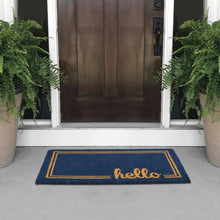 Load image into Gallery viewer, mDesign Rectangular Coir and Rubber Entryway Welcome Doormat with Natural Fibers for Indoor or Outdoor Use - Decorative Script Hello Design - Navy Blue/Natural - 30" x 17"
