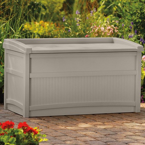 Suncast 50 Gallon Outdoor Resin Deck Storage Box with Seat, Light Taupe 2269CDR
