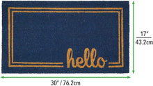 Load image into Gallery viewer, mDesign Rectangular Coir and Rubber Entryway Welcome Doormat with Natural Fibers for Indoor or Outdoor Use - Decorative Script Hello Design - Navy Blue/Natural - 30" x 17"
