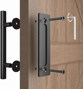 (2 Pack) Haritoft 12" Sliding Barn Door Handle Pull and Flush Hardware Set, Flat Back-Plate Design, Rustic Black