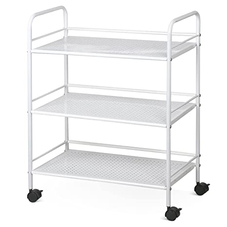 3-Tier Salon Rolling Trolley Cart Beauty Storage Spa Holder Utility 3 Facial Tray for Hair Styling Facial Tools, Mobile Organizer, Medical Esthetic Supply Holder, Metal, White