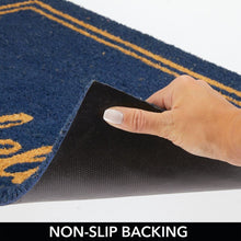 Load image into Gallery viewer, mDesign Rectangular Coir and Rubber Entryway Welcome Doormat with Natural Fibers for Indoor or Outdoor Use - Decorative Script Hello Design - Navy Blue/Natural - 30" x 17"
