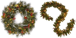 Pre-Lit Artificial Christmas Wreath, Green, Wintry Pine, White Lights, 24 Inches