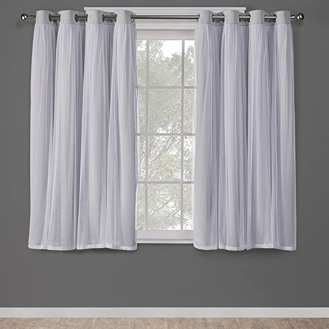Catarina Layered Solid Room Darkening Blackout and Sheer Grommet Top Curtain Panel Pair, 52