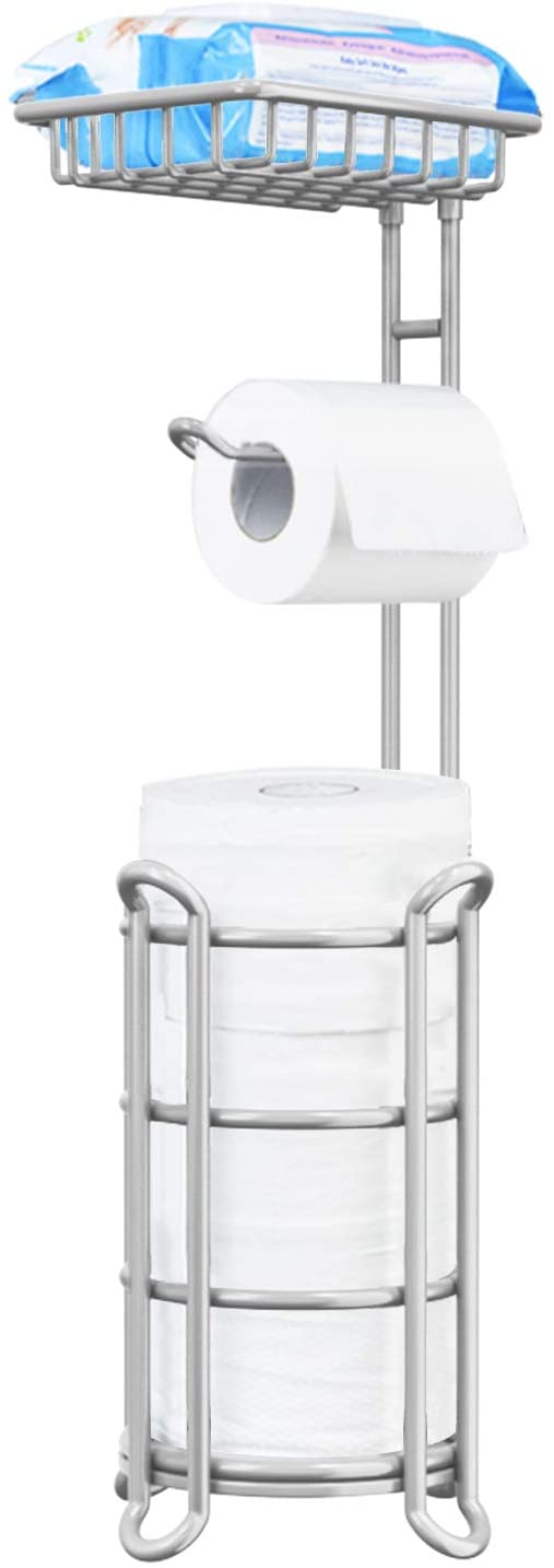 TreeLen Toilet Paper Holder Stand Bathroom Tissue Dispenser Holders Rack Free Standing with Extra Shelf Storage Mega Rolls/Phone/Wipe - Light Gray