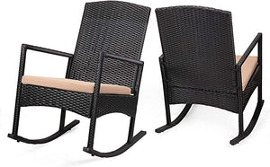 3 pcs Outdoor High-Backrest Rocking Chair w/Cushion Seat Wicker Seating Group w/Glass Coffee Table Set (Black/Beige)