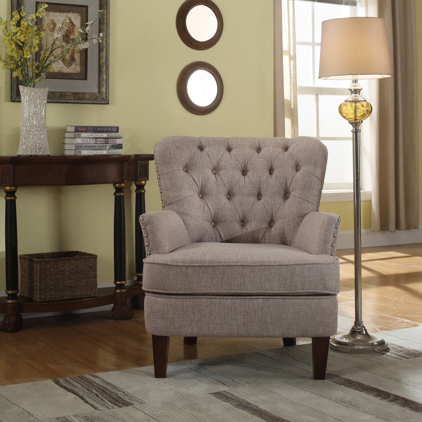 Button Tufted Accent Chair with Nailhead, Color: Taupe, #6614