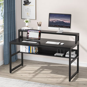 Computer Desk with Shelves, 55 Inches Office Writing Desk with Monitor Stand Shelf, Study Workstation with Open Bookshelf for Home Office (Black)
