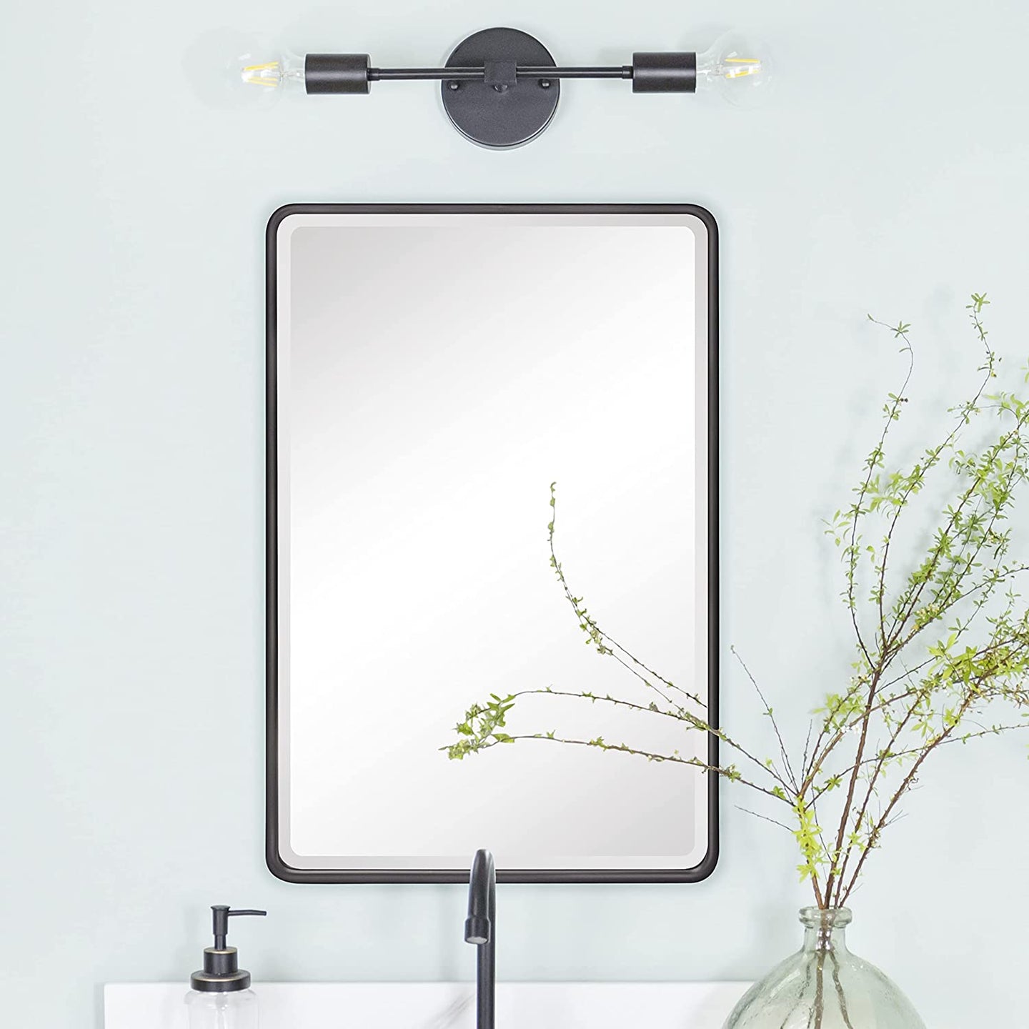 TEHOME Farmhouse Black Metal Framed Recessed Bathroom Medicine Cabinet with Mirror Rounded Rectangle Tilting Beveled Vanity Mirros for Wall 16x24 inch