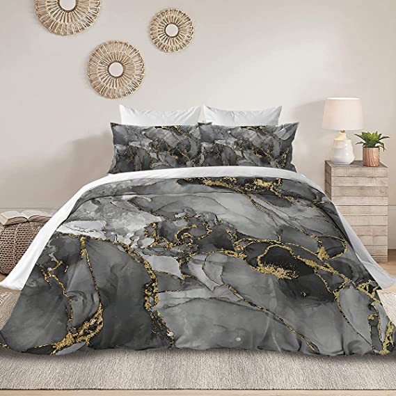 3 Piece Gray Marble Duvet Cover Set, Comforter Cover Set, Soft Bedding Set with Comforter Cover and Pillowcases for All Season (King, 19)