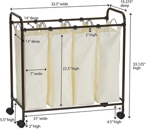 Household Essentials Rolling Quad Laundry Sorter with Removable Hamper Bags | Antique Bronze Frame