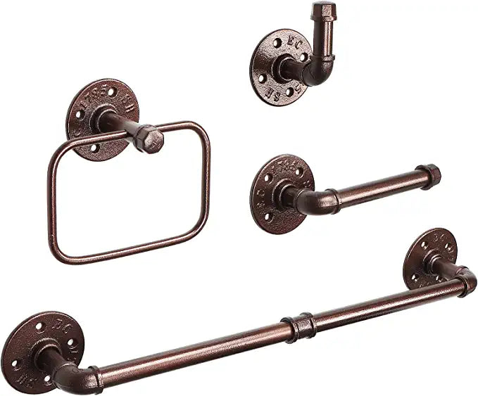 3 Pieces Industrial Pipe Bathroom Hardware Set, Include 18 Inch Towel Bar, Towel Ring, Toilet Paper Holder and Robe Hook, Heavy Duty Rustic Iron Decor Wall Mounted Accessories Kit (Bronze)