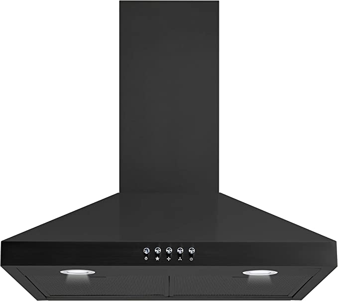 30 In. Convertible Wall Mount Range Hood in Black with Black Mesh Filters and Push Button Control