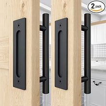 Load image into Gallery viewer, 2PCS 12 Inch Sliding Barn Door Handles Black Hardware with Flush Finger Pull, Large Rustic, Pull and Flush Barn Door Handle Set, Suitable for Gate Garages Cabinet
