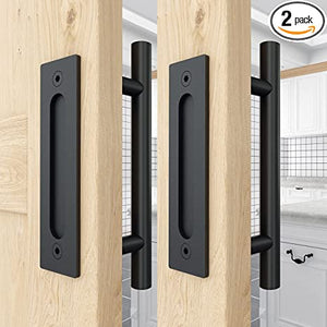 2PCS 12 Inch Sliding Barn Door Handles Black Hardware with Flush Finger Pull, Large Rustic, Pull and Flush Barn Door Handle Set, Suitable for Gate Garages Cabinet