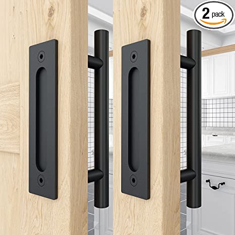 2PCS 12 Inch Sliding Barn Door Handles Black Hardware with Flush Finger Pull, Large Rustic, Pull and Flush Barn Door Handle Set, Suitable for Gate Garages Cabinet